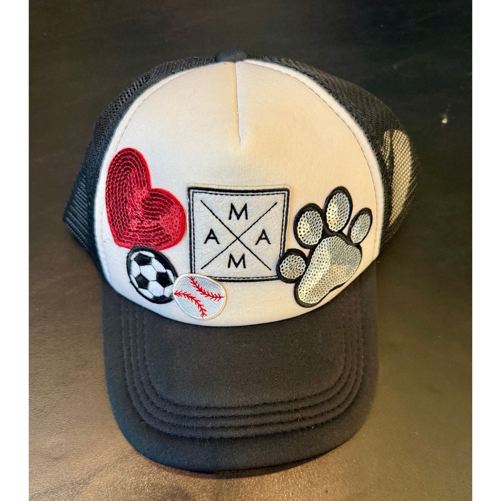 NEW Custom Mama X Brand Black and White Trucker Hat with Sequin‎ Patches